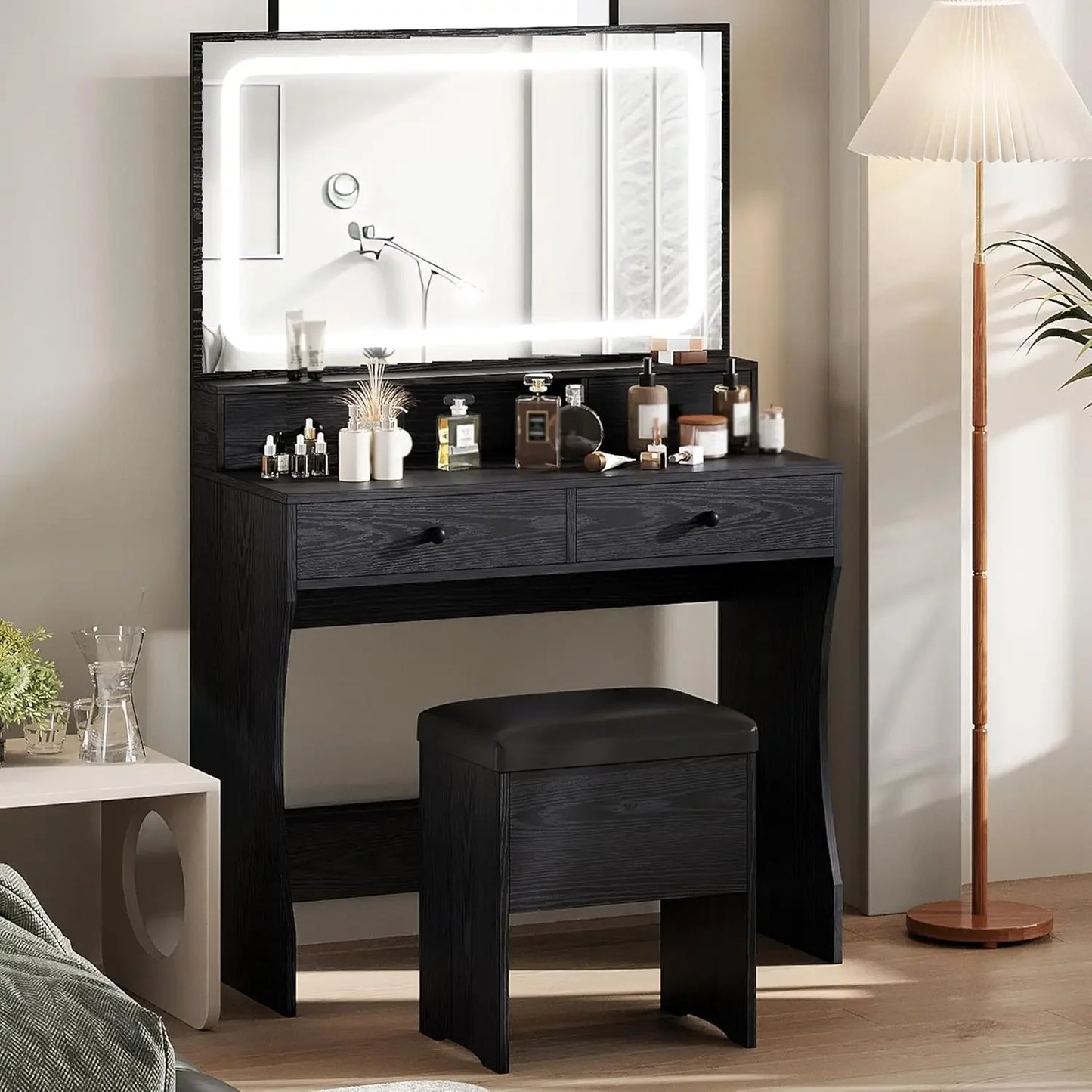 Vanity Desk Set with LED Lighted Mirror & Power Outlet, Makeup Vanity Table with 4 Drawers,Storage Bench,for Bedroom, Bathroom