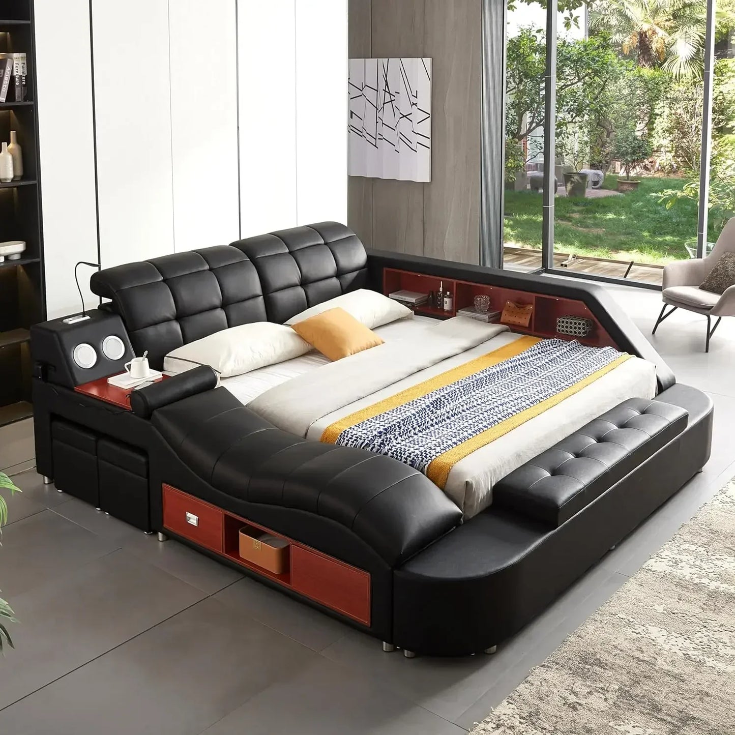 Multifunctional Queen Bed Frame,Smart Bed with Massage Recliner on Right Speaker/Storage Drawers,Adjustable Leather Up Headboard