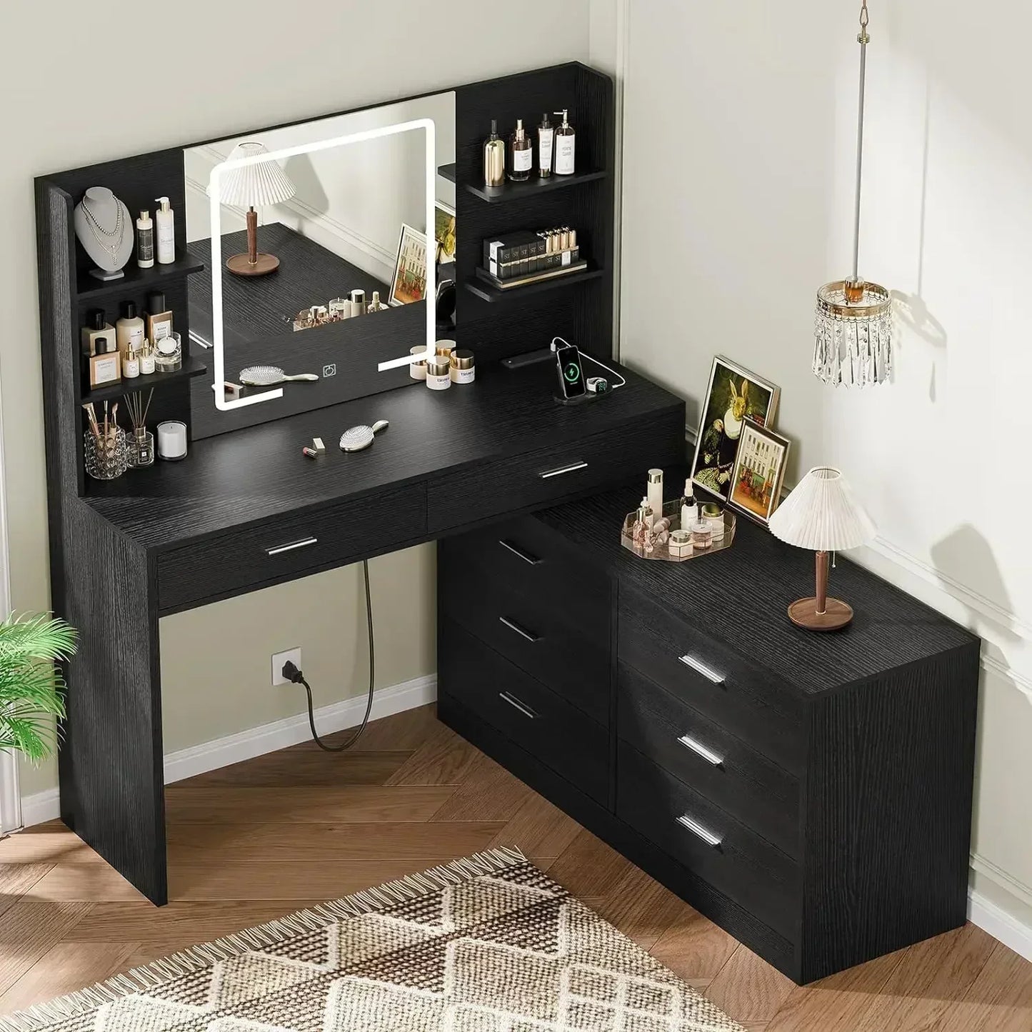 Vanity Desk with LED Lighted Mirror Power Outlet, Makeup Vanity Table with 8 Drawers & Open Shelves, Dressing Table for Bedroom