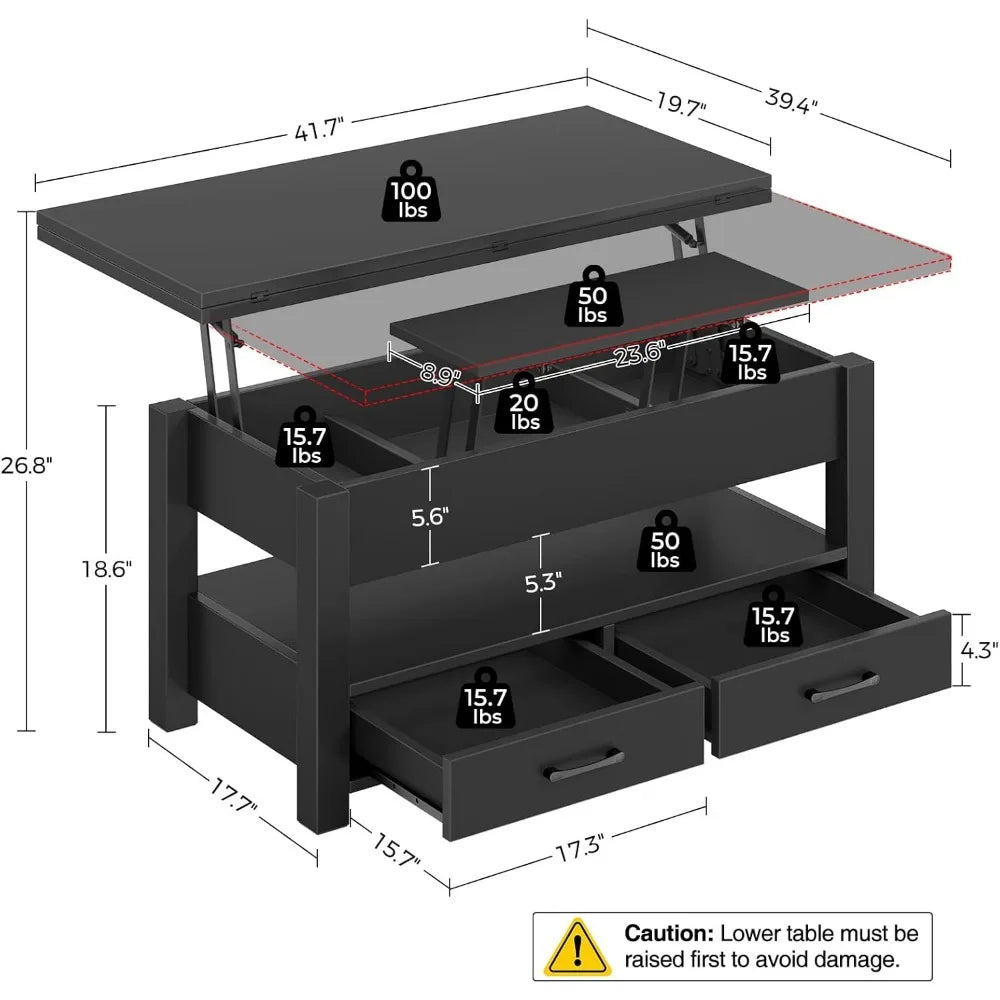 Lift Top, Multi-Function Convertible Coffee Table with Drawers and Hidden Compartment, Converts to Dining Table fo Home Office