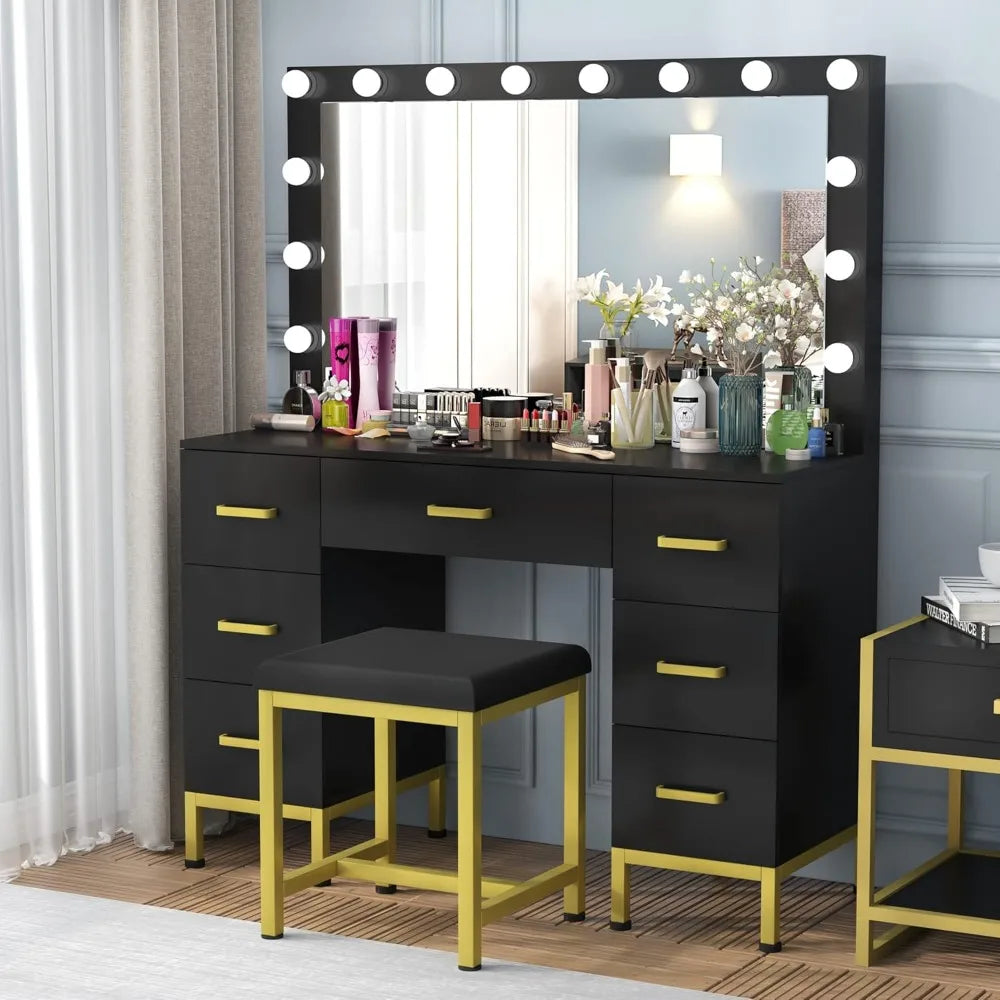 Vanity Makeup Desk - 43.3'' Vanity with Mirror with Lights, 14PCS LED Bulbs, 7 Drawers & Cushioned Stool, Black Vanity