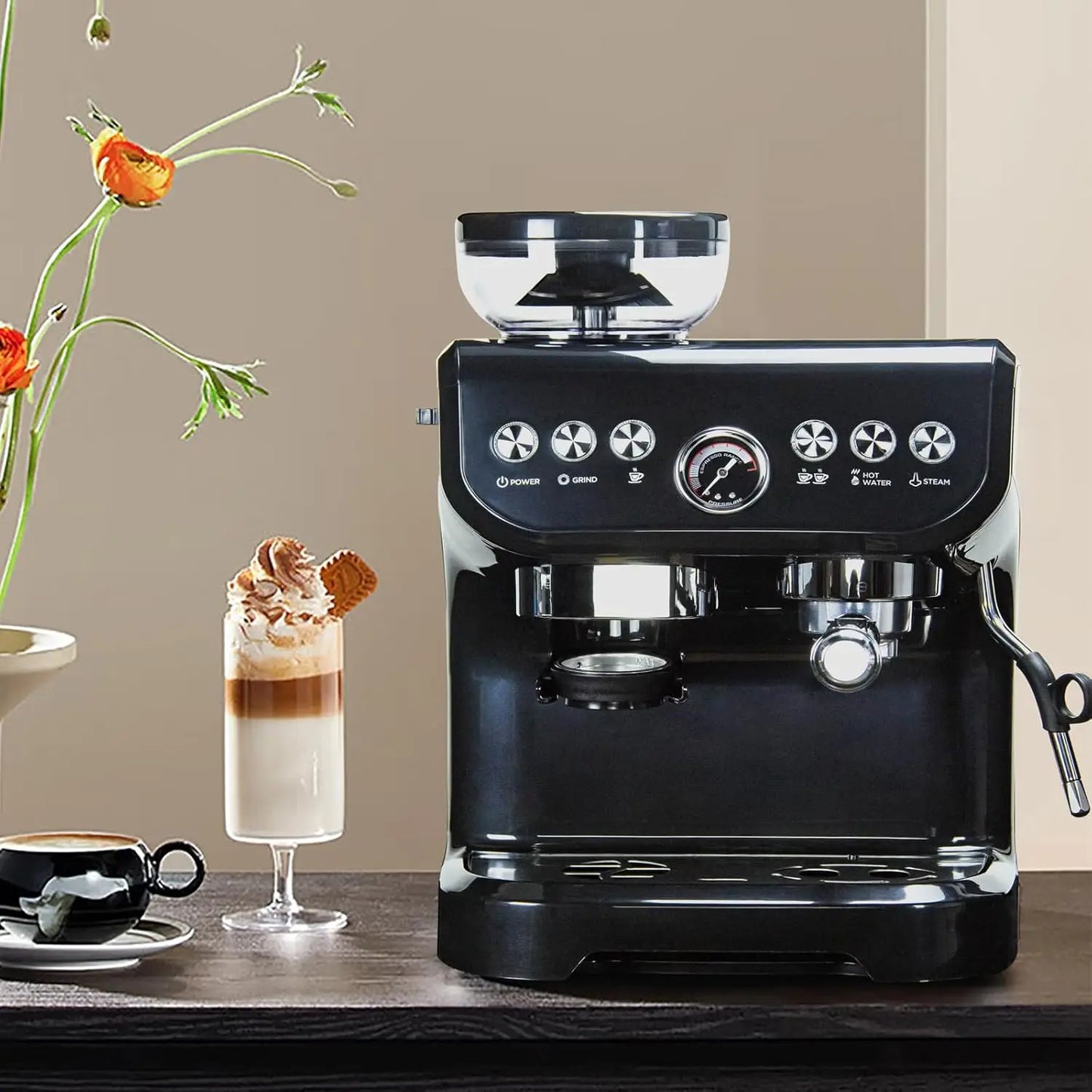 Machine 15 Bar, Coffee Maker With Milk Steam Wand, Built-In Bean Grinder, Combo Cappuccino Machine with 70oz Removable