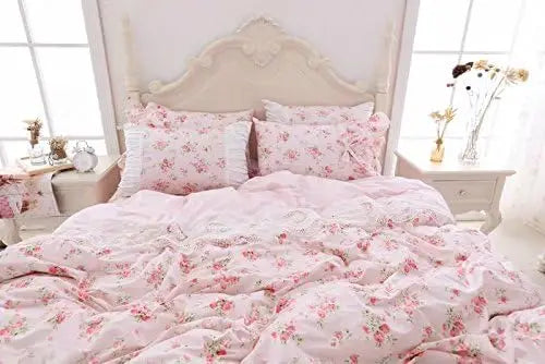 Romantic Roses Print Duvet Cover Set with Bed Skirt Pink Lace Ruffle Floral Shabby Chic Bedding Sets Queen 4 Piece