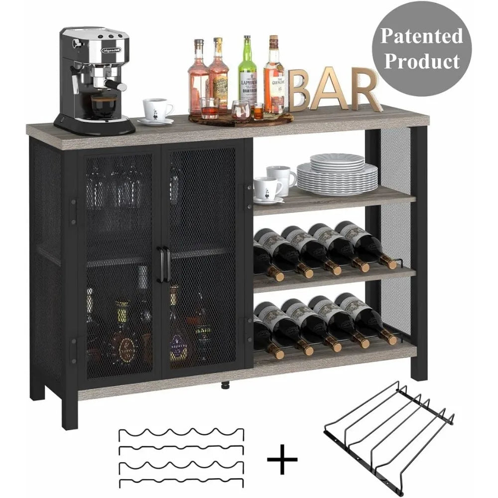 Industrial Home Bar Cabinet with Wine Rack,Coffee Bar Cabinet with Storage (47 Inch, Grey Oak)