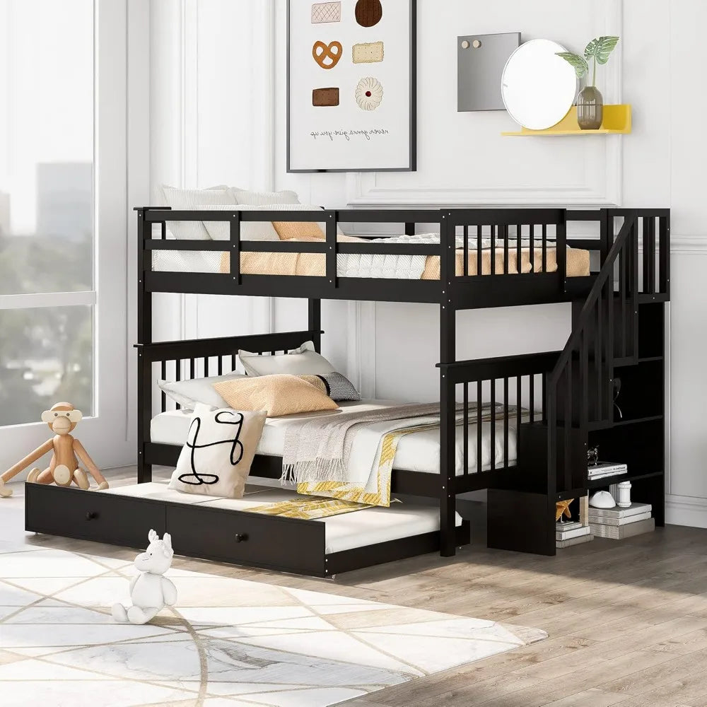 Bunk Bed ,with Stairs and Trundle,with Storage, for Kids Teens Adults ,Wooden Bunk Bed Frame