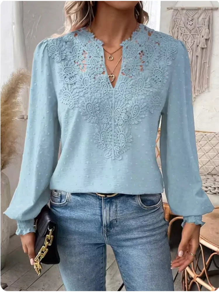 Luxury Solid Color V-Neck Long Sleeved Lace Top Women's Hollow T-Shirt Lady Elegant Office Autumn Spring Blouse Clothes