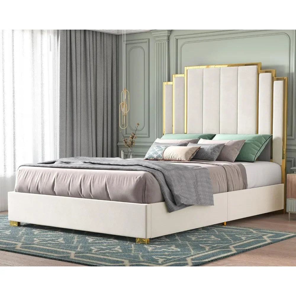 Queen Size Bed Frame and 61" Headboard, Upholstered Bed with Golden Plating Trim, Modern Platform Bed Suitable for bedroom