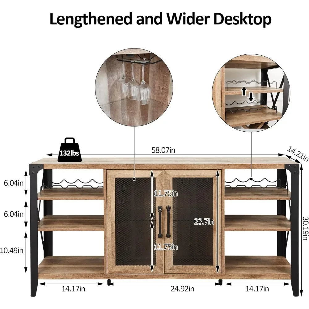 Wine Bar Cabinet for Liquor and Glasses, Farmhouse Coffee Bar Cabinet, Liquor Cabinet Bar, 58 in(L), Sideboard Buffet Cabinet