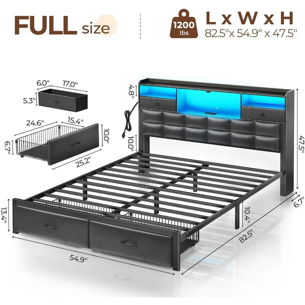 Bed Frame with Drawers and Charging Station, Upholstered Platform Bed with Storage Headboard and LED Light