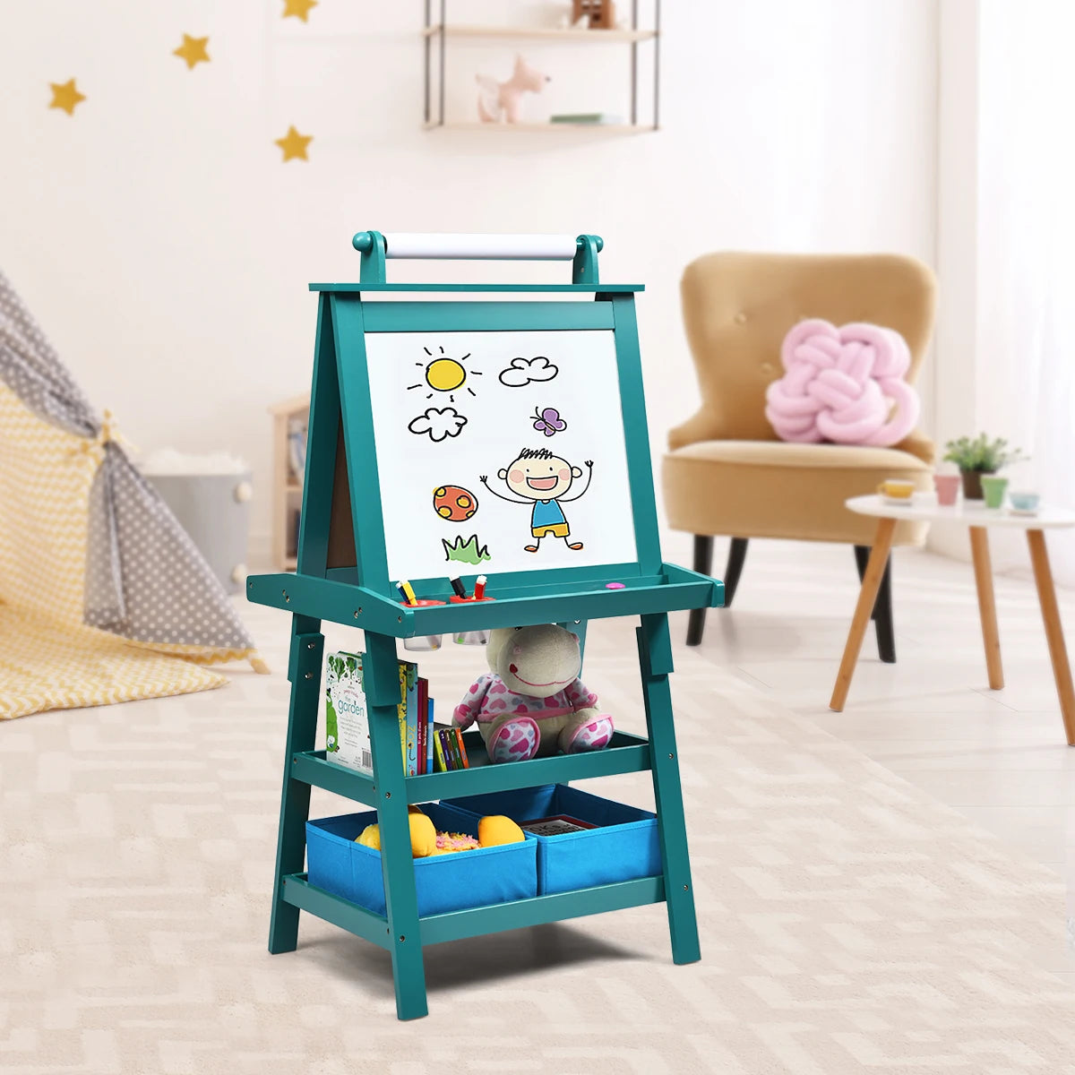 3 in 1 Double-Sided Storage Art Easel w/Paint Cups for Kid Writing Teal Frosting