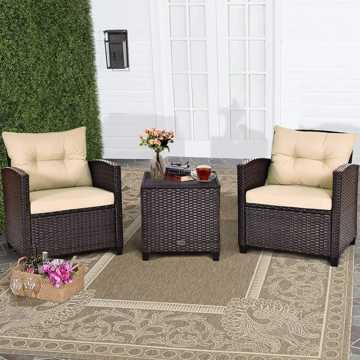 Patio Furniture Sets - 3 Pieces Rattan Sofa Set, Outdoor Conversation Set with Tempered Glass Tabletop, Outdoor Furniture Sets