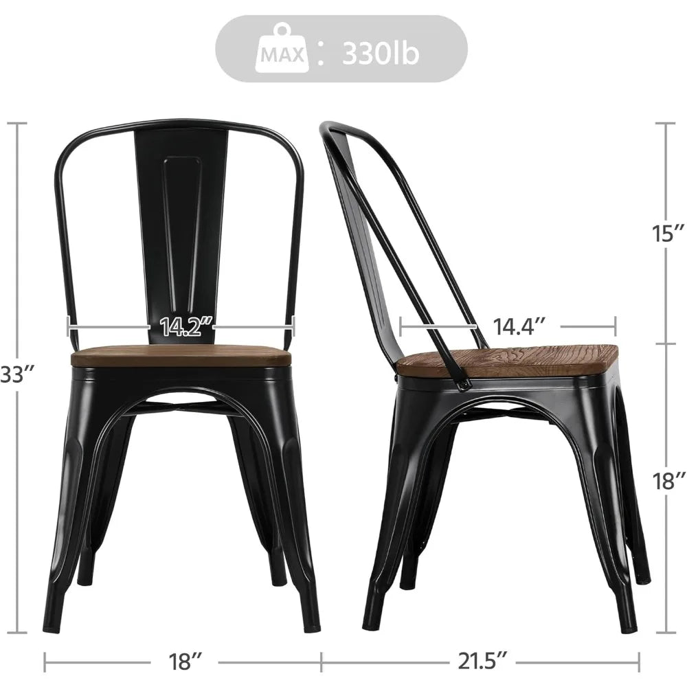 18 Inch Classic Iron Metal Dining Chair with Wood Top/Seat Indoor-Outdoor Use Chic Dining Bistro Cafe  Set of 4 Black