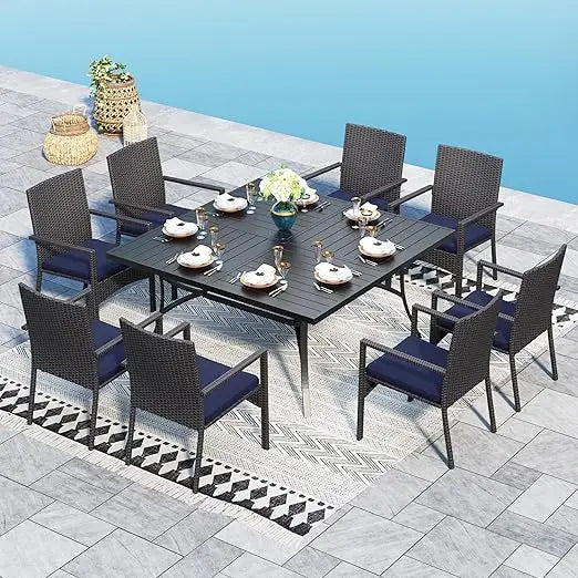 9 Pieces Patio Dining , 60" Large Square Patio Table and Rattan Chairs Set,able Set for Outside, All Weather Outdoor Dining Set