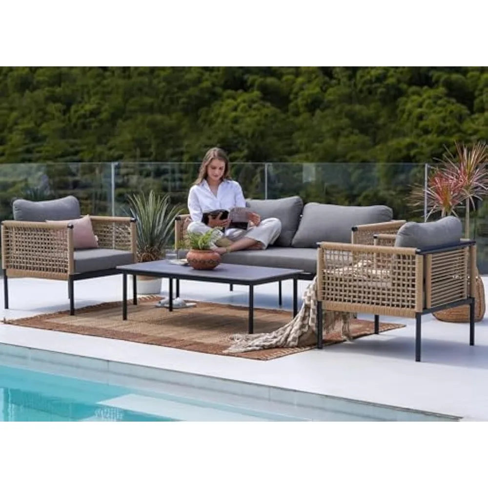 Outdoor 4-Piece Conversation Set, Open-Weave Wicker Olefin Modern Sofa Seating for Garden, BalcRust Free Patio Furniture Set