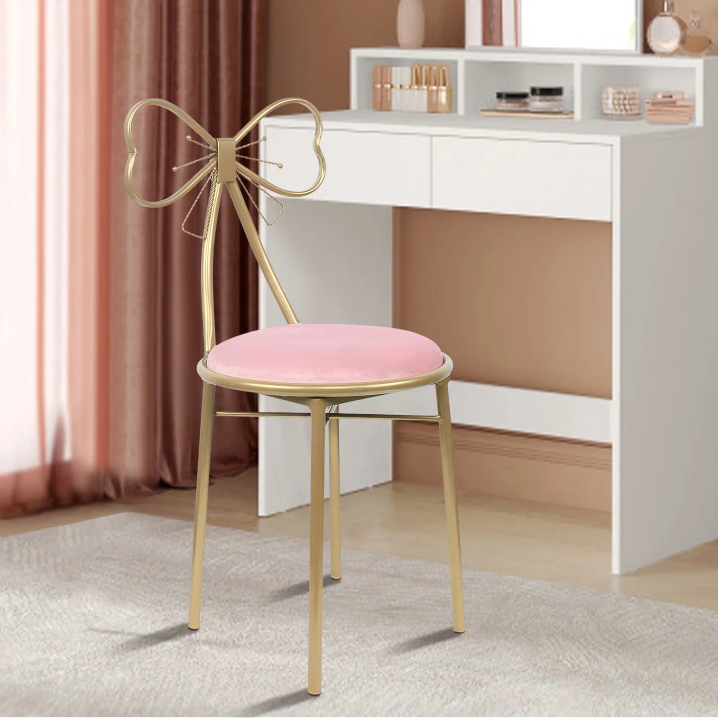 Vanity Stool Chair for Makeup Modern Velvet Butterfly Accent Chair Pink Cute Girls Bow Knot Backrest Chair Bedroom Home Decor