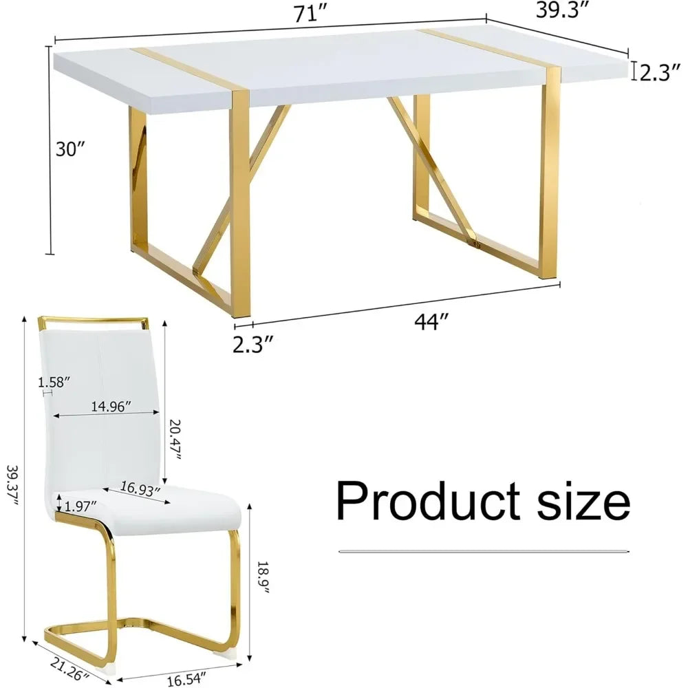 White Dining Table Set for 6，71'' Rectangular Kitchen Table and Leather Dining Chairs Set of 6, 7 Piece Dining Room Table Set