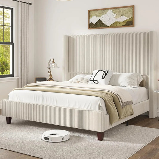 Bed Frame 61" Corduroy Upholstered, Platform Bed with Vertical Stripe Wingback Headboard, No Box Spring Needed/Solid Wood Slats