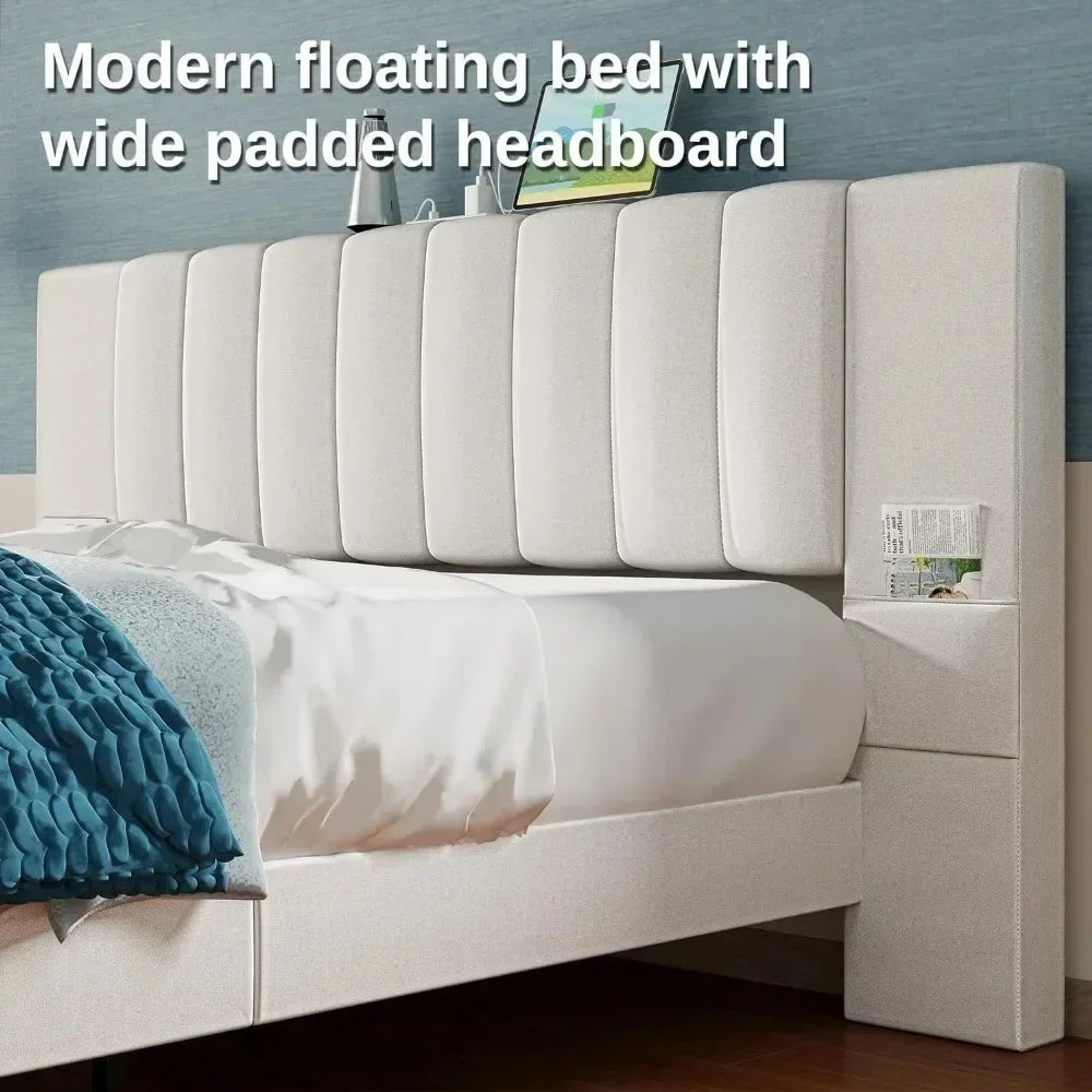 Floating Bed Frame Full Size with Wide Padded Headboard & LED Lights & Charging Station, Full Upholstered Platform, Bed Frame