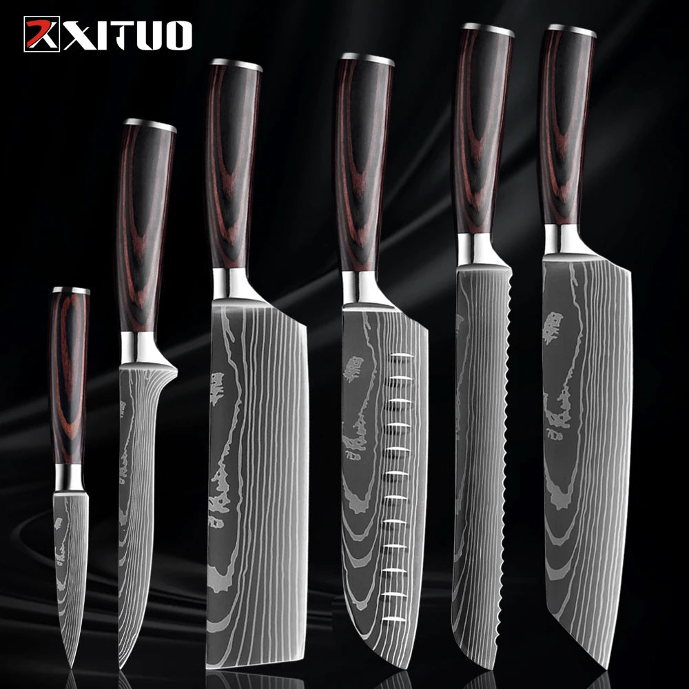 XITUO Kitchen Knife Set 1-9PCS,7Cr17Mov Stainless Steel Sharp Chef Knife Santoku Knife Fruit knife Ergonomic Pakkawood Handle