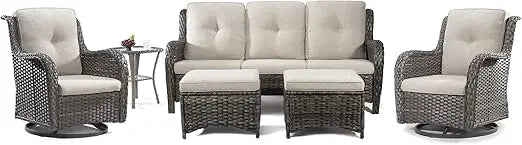 Wicker Patio Furniture Set,  2 Swivel Rocker Chairs, 2 Ottomans and 1 Side Table, Outdoor Furniture Patio Conversation Sets