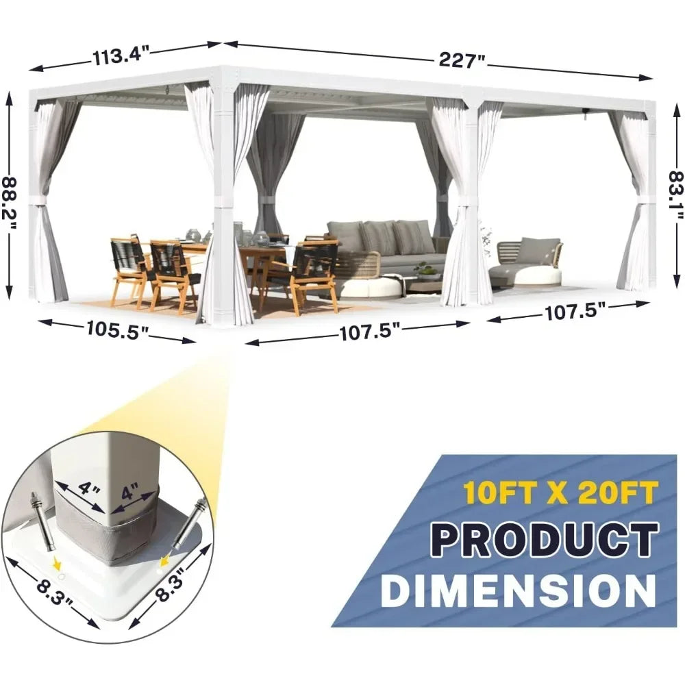 Awning,Louvered Pergola10x20,Aluminum Pergola with Adjustable Louvered Roof,Outdoor Awning with Waterproof Curtains and Nets