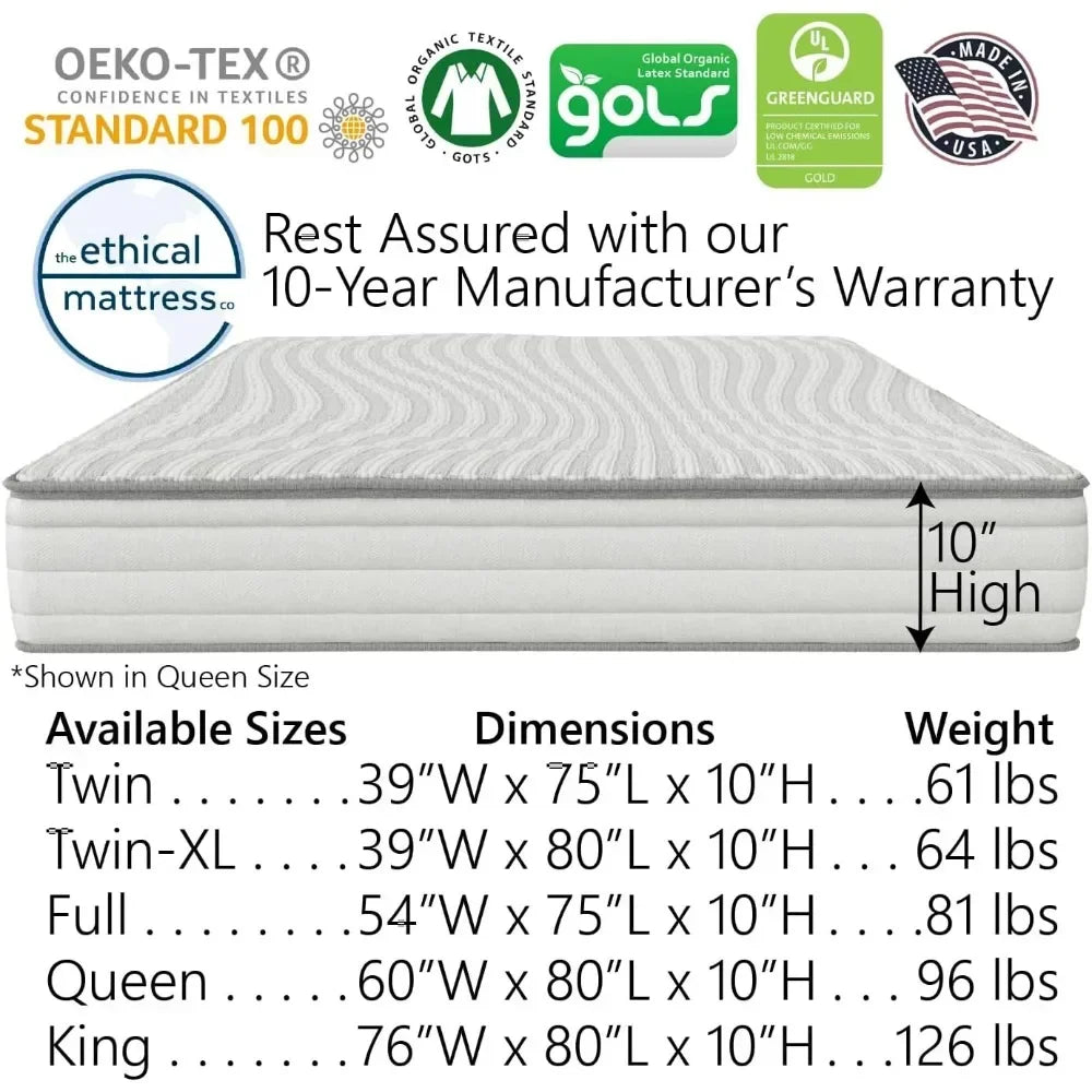 10" Hybrid Mattress, Made in USA with Organic Cotton, Wool, Latex & Pocketed Coils (Mattress-in-a-Box) , King Size Mattress