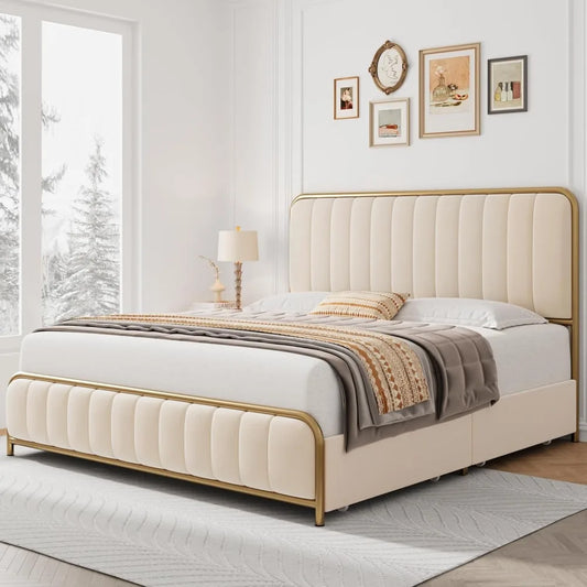 Upholstered Bed Frame with 4 Storage Drawers and Headboard, Heavy Duty Metal Mattress Foundation with Wooden Slats Easy Assembly