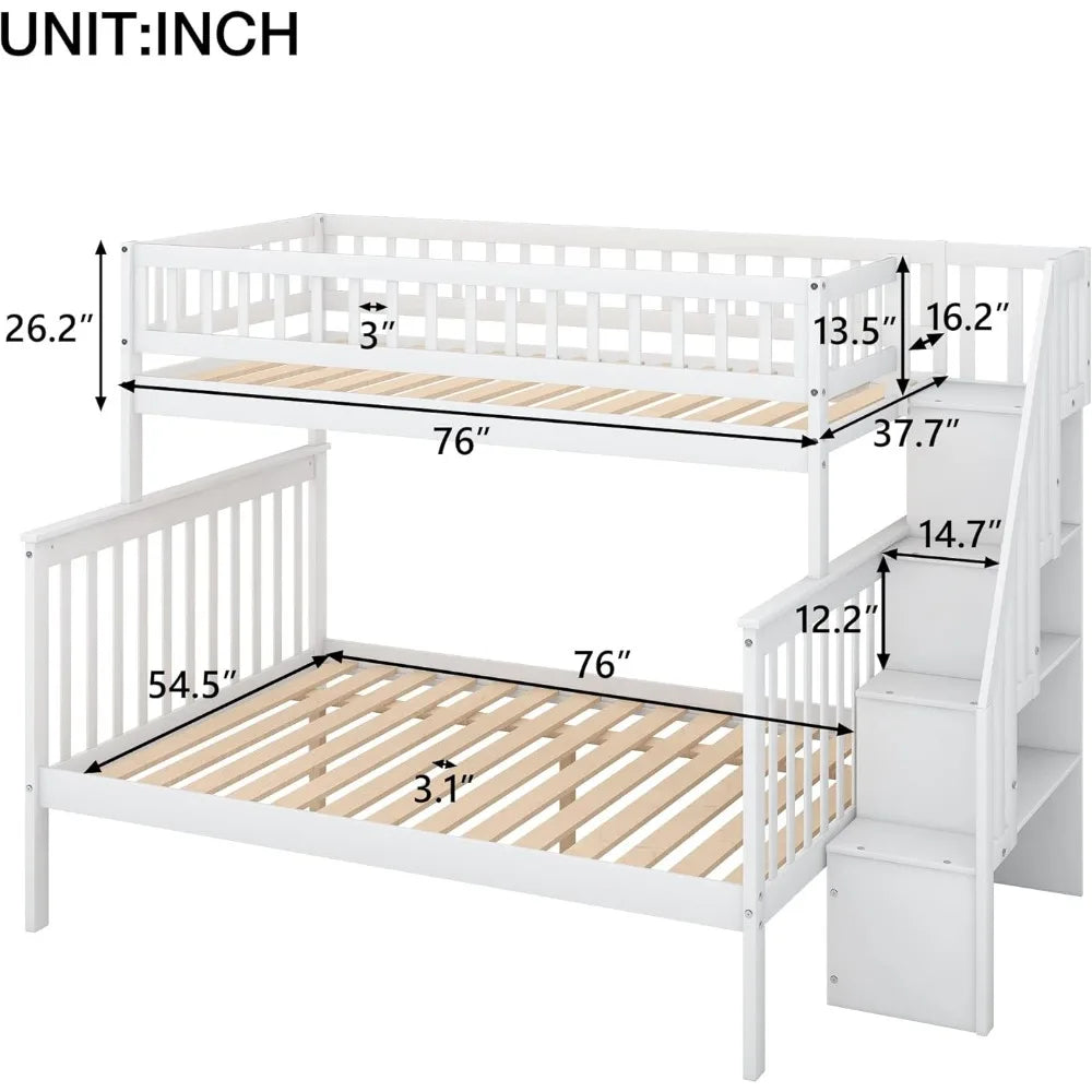 Bunk Bed, with Storage, Wood Bunk Bed Frame Can Be Divided Into Two Beds, Solid Wood Bunk Beds