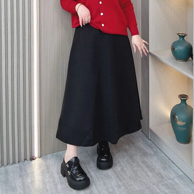 Red Woolen Umbrella Skirt Female Autumn Winter New Plus Size High Waist Loose MIDI Skirt 9280