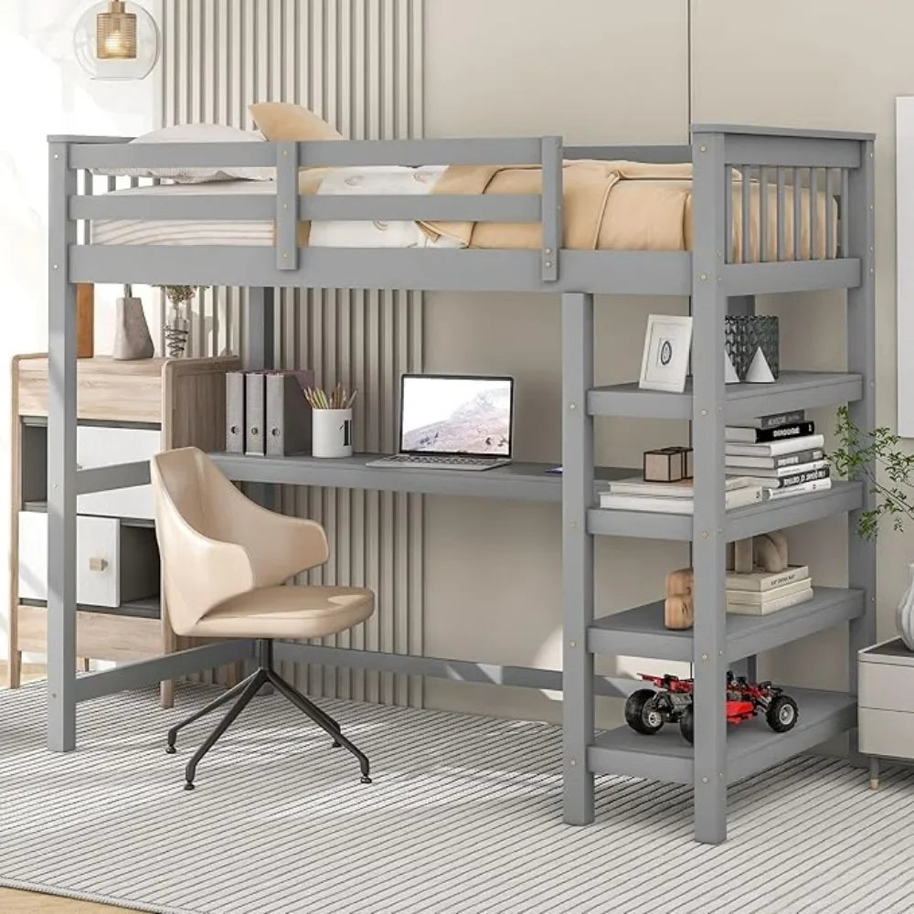 Wood Loft Bed with Desk Twin Size Loft with 4-Storage Shelves and Under Desk Solid Wood Bed, Suitable for bedrooms and children