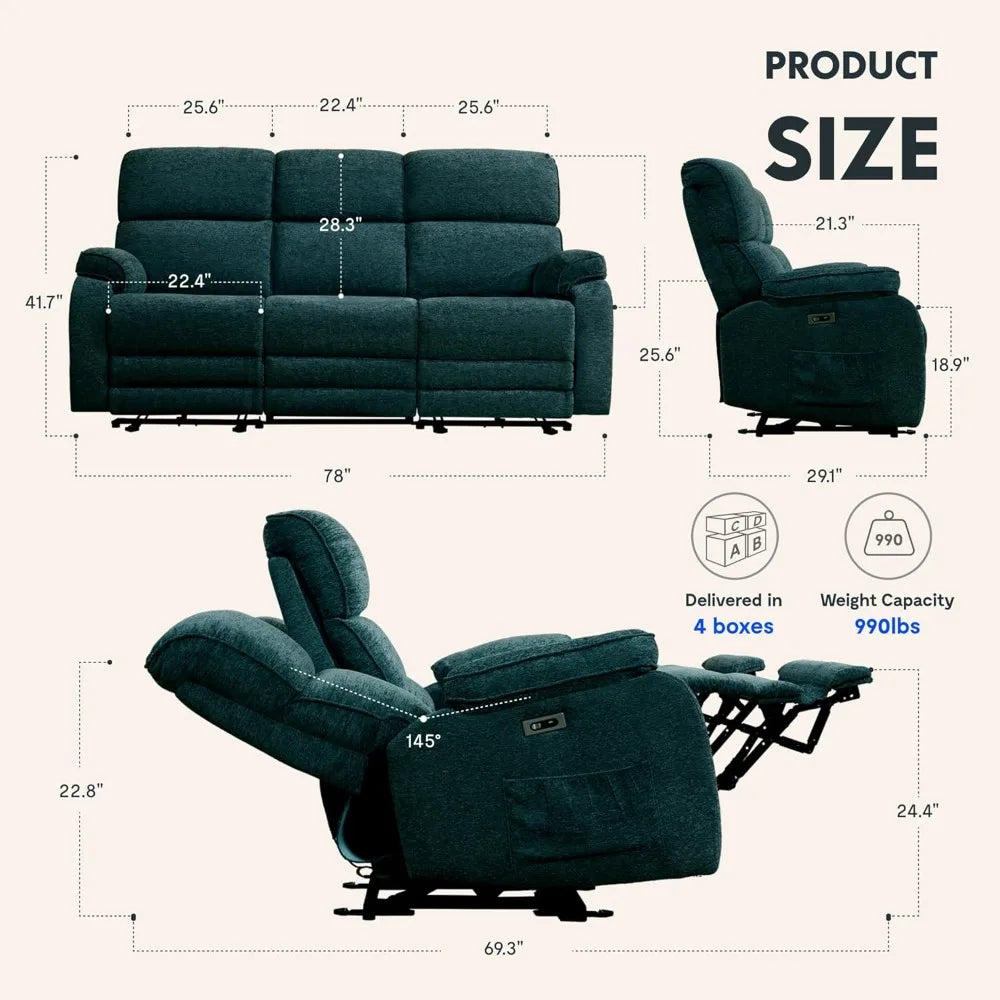 Power Recliner Sofa Couch, Electric Recliner Sofa w/Massage & Heat, Charging Ports, Cup Holders,Sofa Chair for Living Room