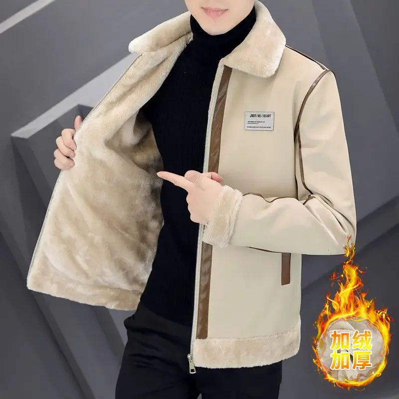 2023 suede leather PU Men Winter Jackets and Coats Thickening Wool Windbreak Waterproof Warm Skin Lamb Fur Trench Coat Plus