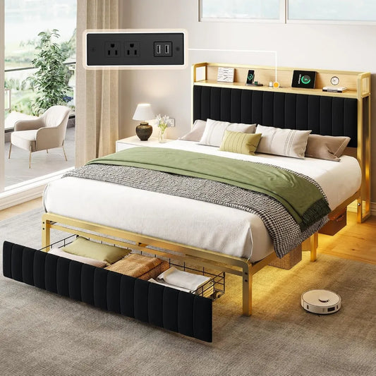 Bed Frame with Motion Activated Light, LED Platform Bed with Integrated Drawer and Storage Headboard Charging Station, Bed Bases