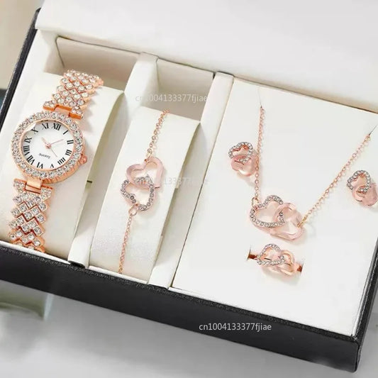 6pcs Luxury Dainty Quartz Watch with Heart Jewelry Set for Women Rhinestone Watch Heart Necklace Bracelet Earrings Ring Set