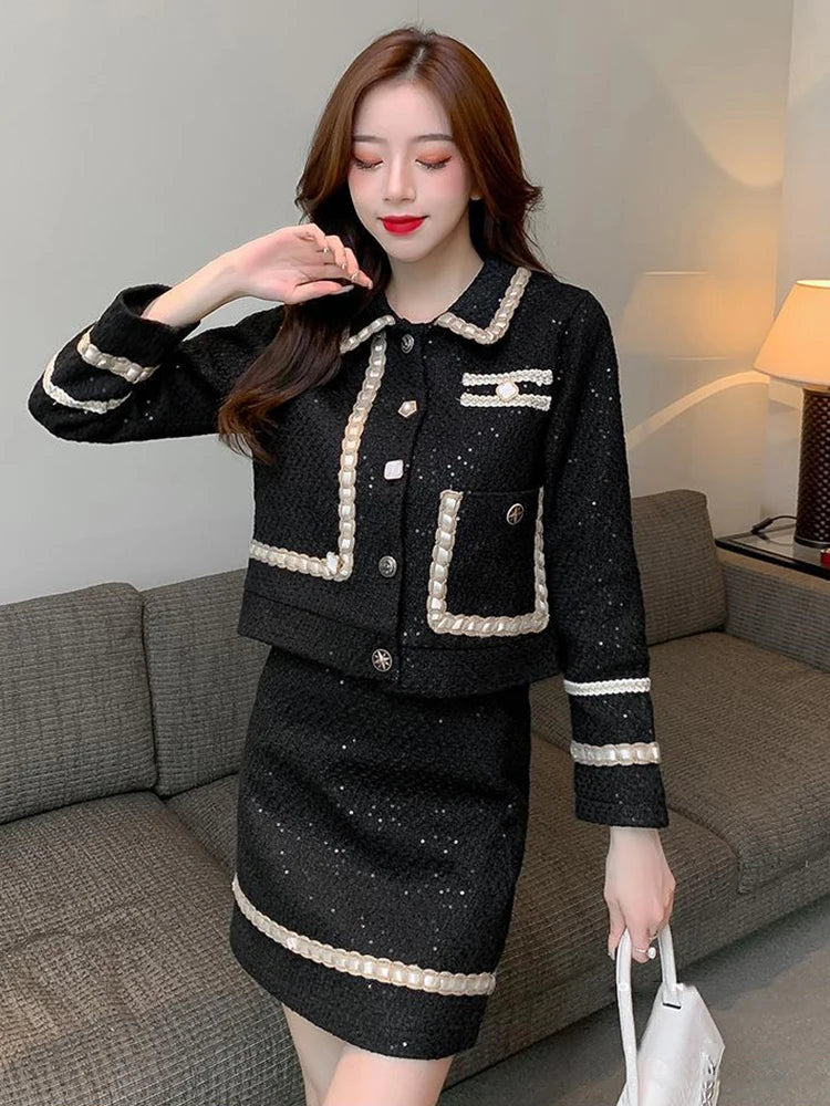 KBAT 2023 Elegant 2 Piece Set French Vintage Small Fragrance Tweed Jacket Spring Women's Coat + High Waist Elegant Mini Skirt