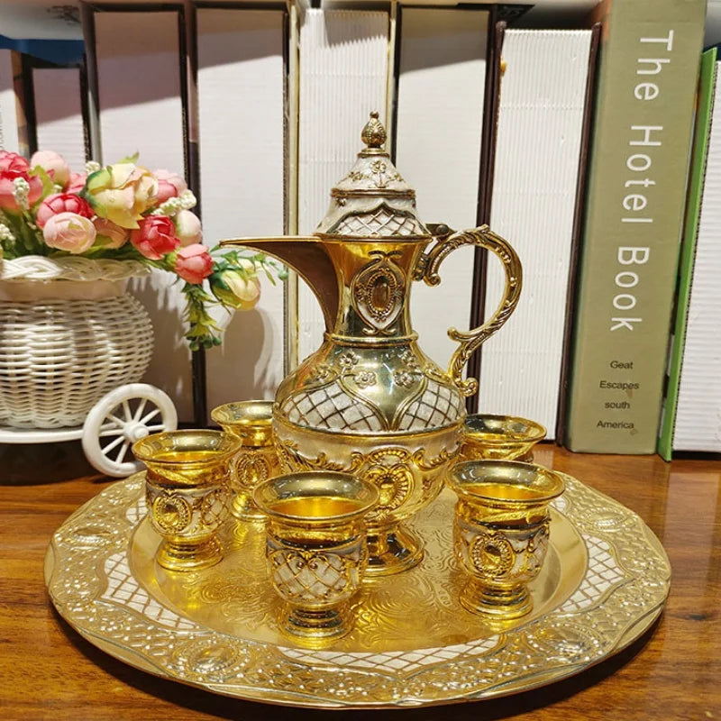 Turkish Tea Set Retro Coffee Cup Set Long Spout Wine Set Wine Pot with Teapot Tea Tray 6 Metal Cups Home Tea Table Decoration