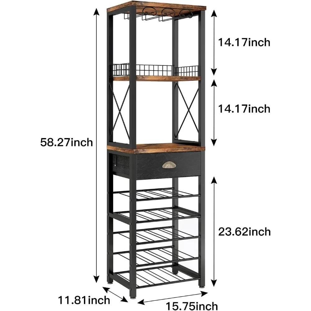 Wine Rack Freestanding Floor, Bar Cabinet for Liquor and Glasses, 4-Tier bar Cabinet with Tabletop, Glass Holder, Wine Storage