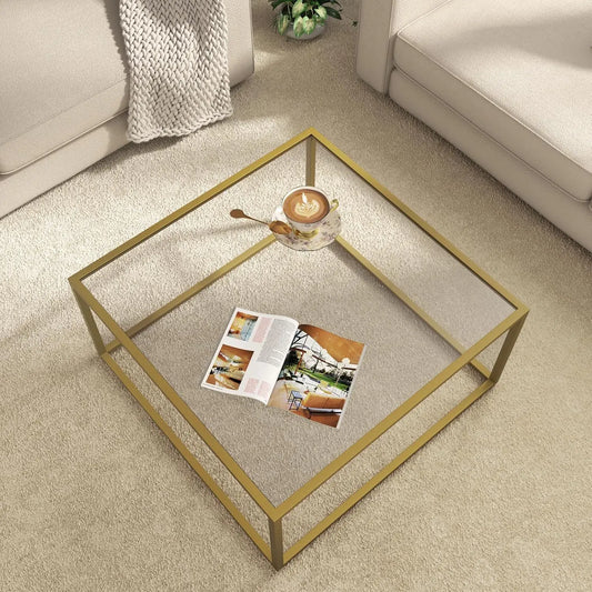 Gold Coffee Table Glass Modern Coffee Tables for Small Space Simple Square Center Table for Living Room