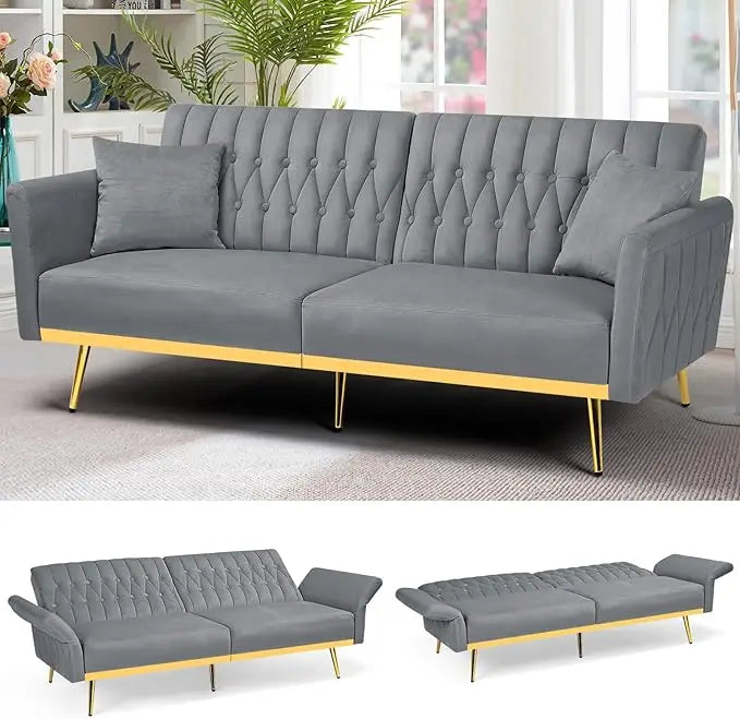 Velvet Futon Sofa Bed with 2 Pillows and Adjustable Armrests, Convertible Sleeper Bed, Living Room Sofa