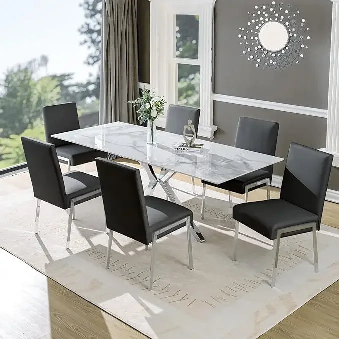 Upholstered Dining Chairs Set of 6, Armless Grey Accent Chairs with Chromed Metal Legs, Dining Chairs