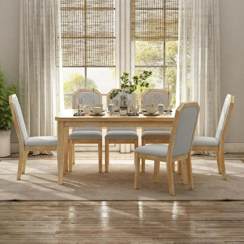 7 Pieces Dining Table Set, Wooden Rustic Table with 6 High-Back Tufted Chairs, Kitchen Dining Room Table Set for 6 People