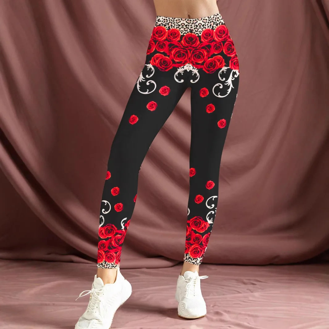 Bodycon Y2K Pants Women Gym Sexy Valentine Pencil Leggings Fashion Streetwear High Waist Shiny Rose Flower Leggings