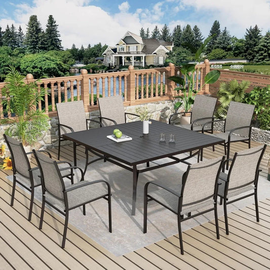 9-Piece Patio Dining Set, Outdoor Furniture Set with 8 Brown Textilene Chairs and Large Square Table,Garden Furniture Sets