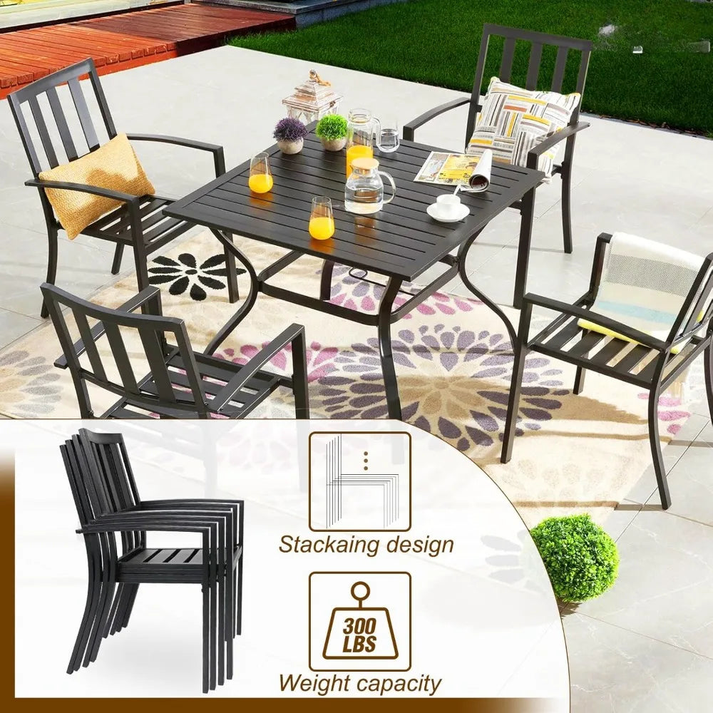 5 Piece Outdoor Dining Table Set ,37” Square Metal Dining Table with Umbrella Hole& Stackable Steel Chairs,Garden Furniture Sets