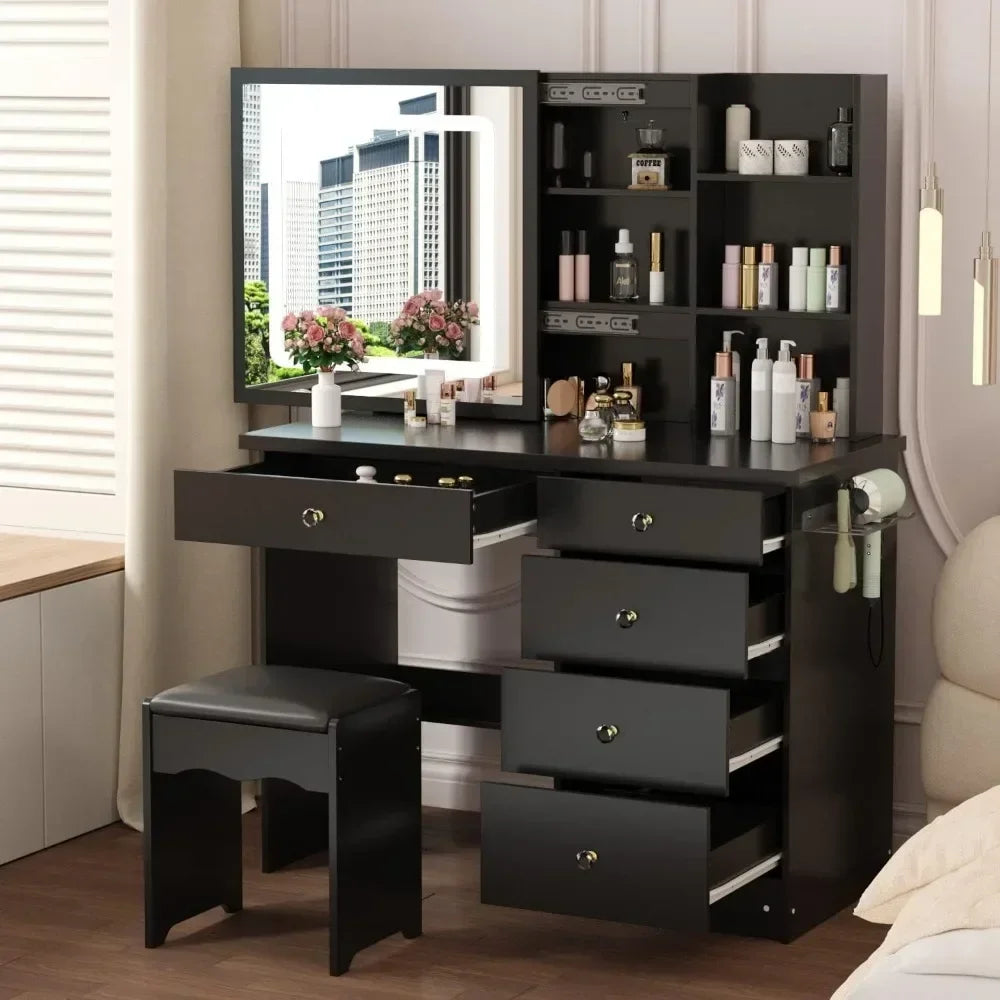 Vanity Desk Set with Large Sliding Lighted Mirror, Dressing Table with 5 Drawers, Storage Shelves & Cushioned Stool Makeup Table