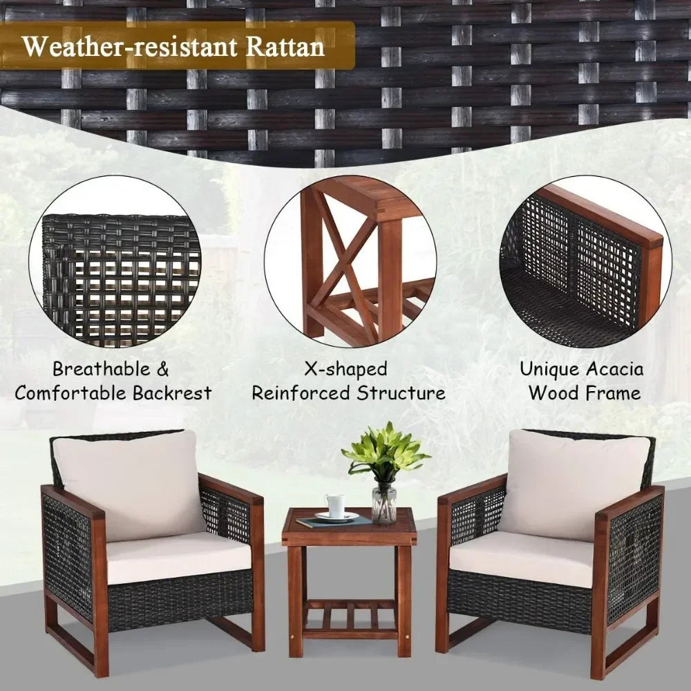 Rattan Outdoor Furniture Set with Washable Cushion and Acacia Wood Coffee Table, Outdoor Bistro Set, Free Shipping