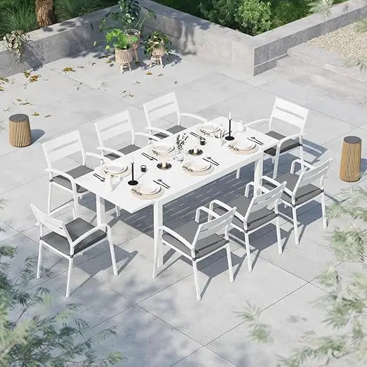 9-Piece Outdoor Patio Dining Set,  8 Stackable Chairs with Gray Removable Cushions,Aluminum Expandable Outdoor Dining Table Set