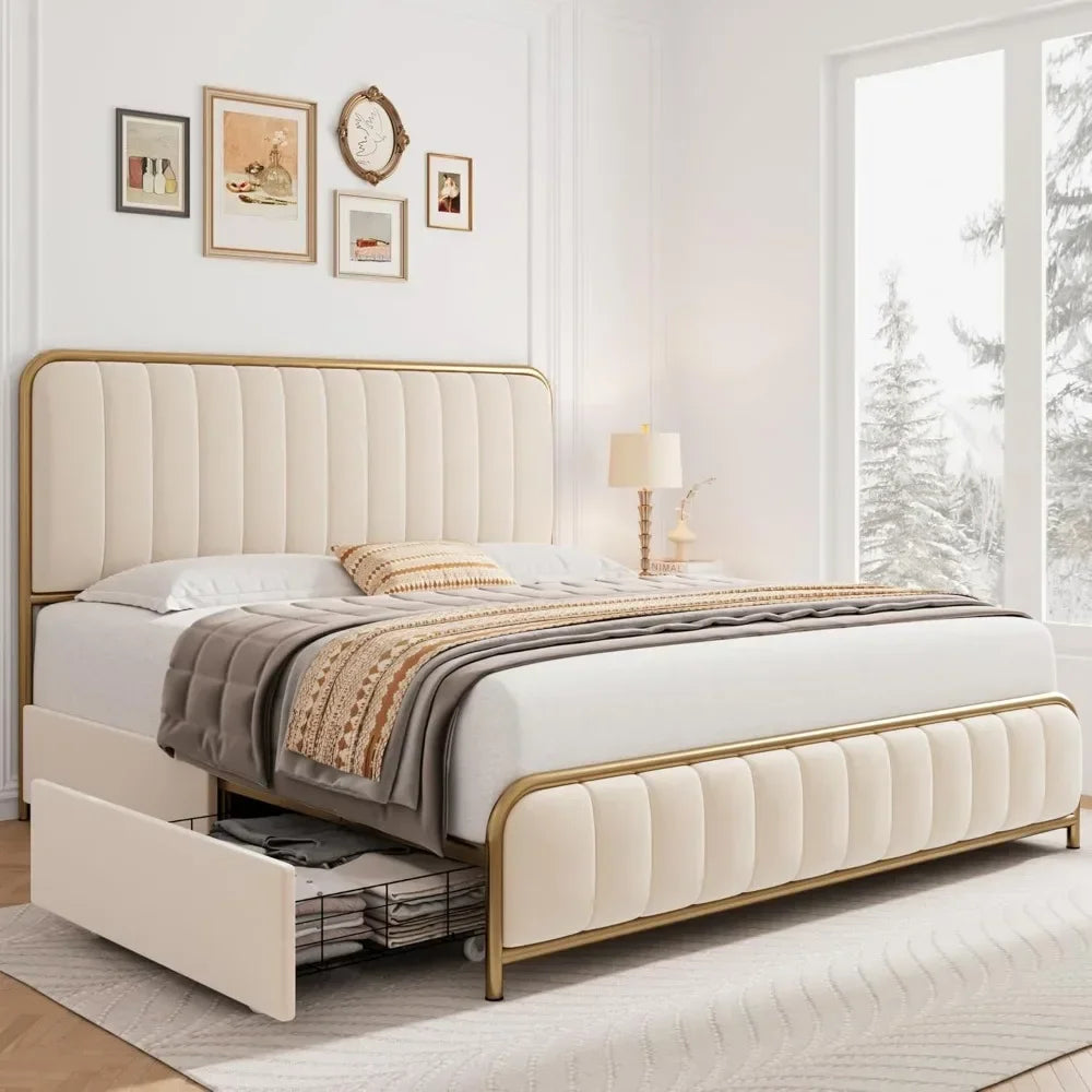 Bedstead Upholstered Queen Size Bed Frame with 4 Storage Drawers and Headboard,Heavy Duty Metal  with Wooden Slats bedstead