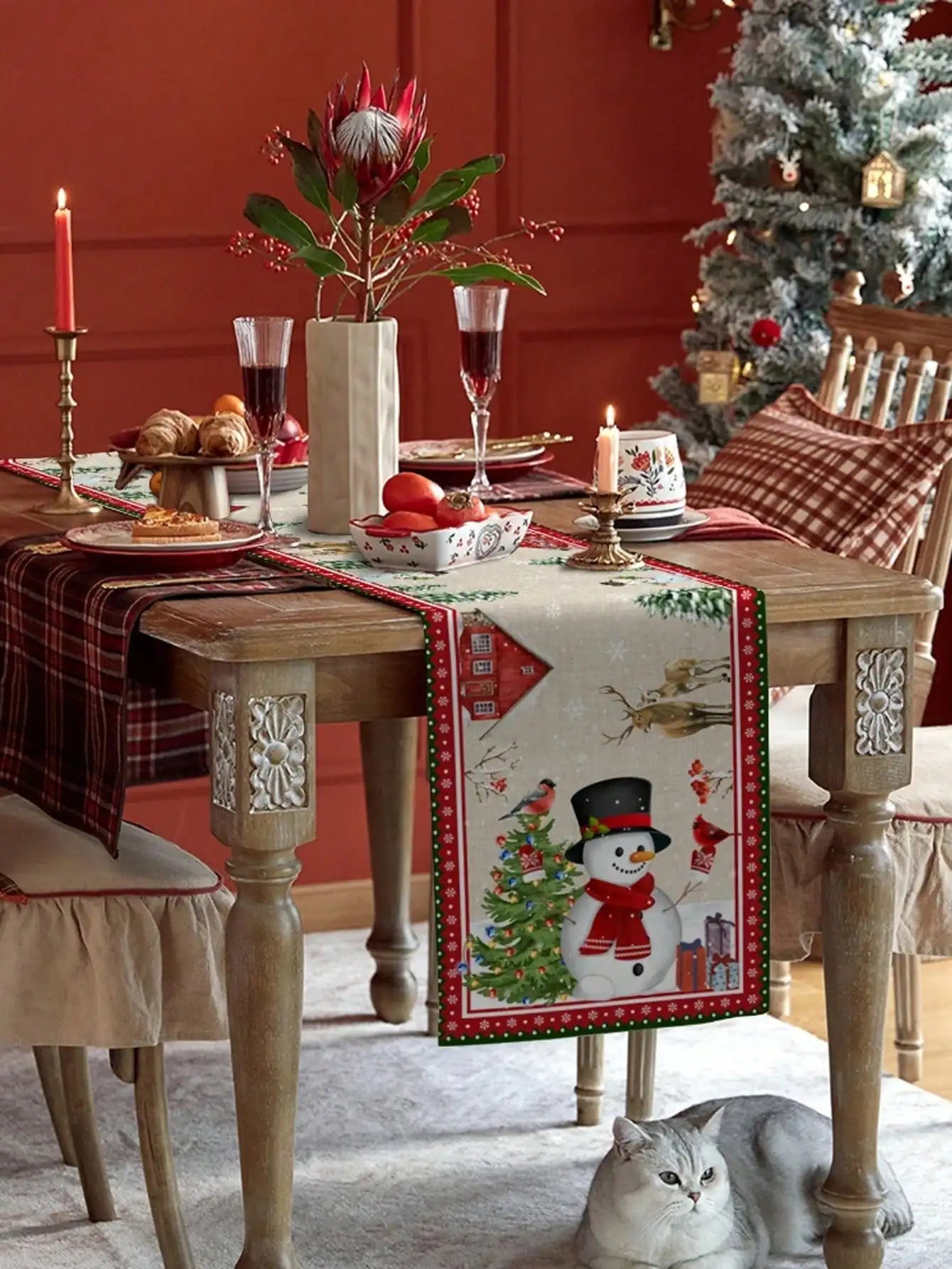 Christmas Snowman Snowflake Linen Table Runner Winter Xmas Wedding Party Decor Washable Holiday Kitchen Dining Room Table Decor