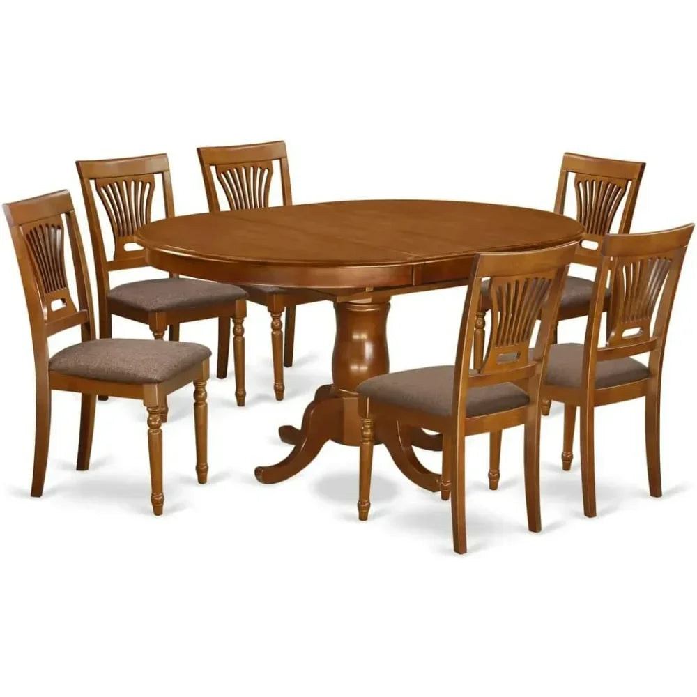 Dining Room Furniture Set 7 Piece Consist of an Oval Kitchen Table with Butterfly Leaf and 6 Linen Fabric Upholstered Chairs